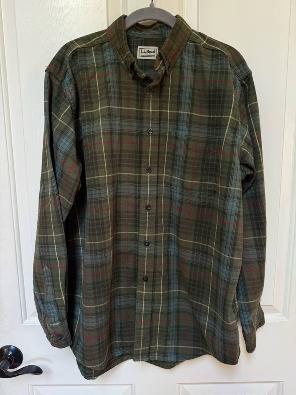 L.L. Bean Men's Olive and Forest Green Plaid Button-Down Shirt